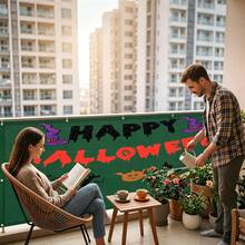Halloween DIY Yard Decor, Balcony Privacy Screen, Balcony Railing Privacy Screen + Detachable Halloween Bunting, Reusable Porch, Fence Cover Decoration With Rope Ties - Dark Green - Multicolor - View 6
