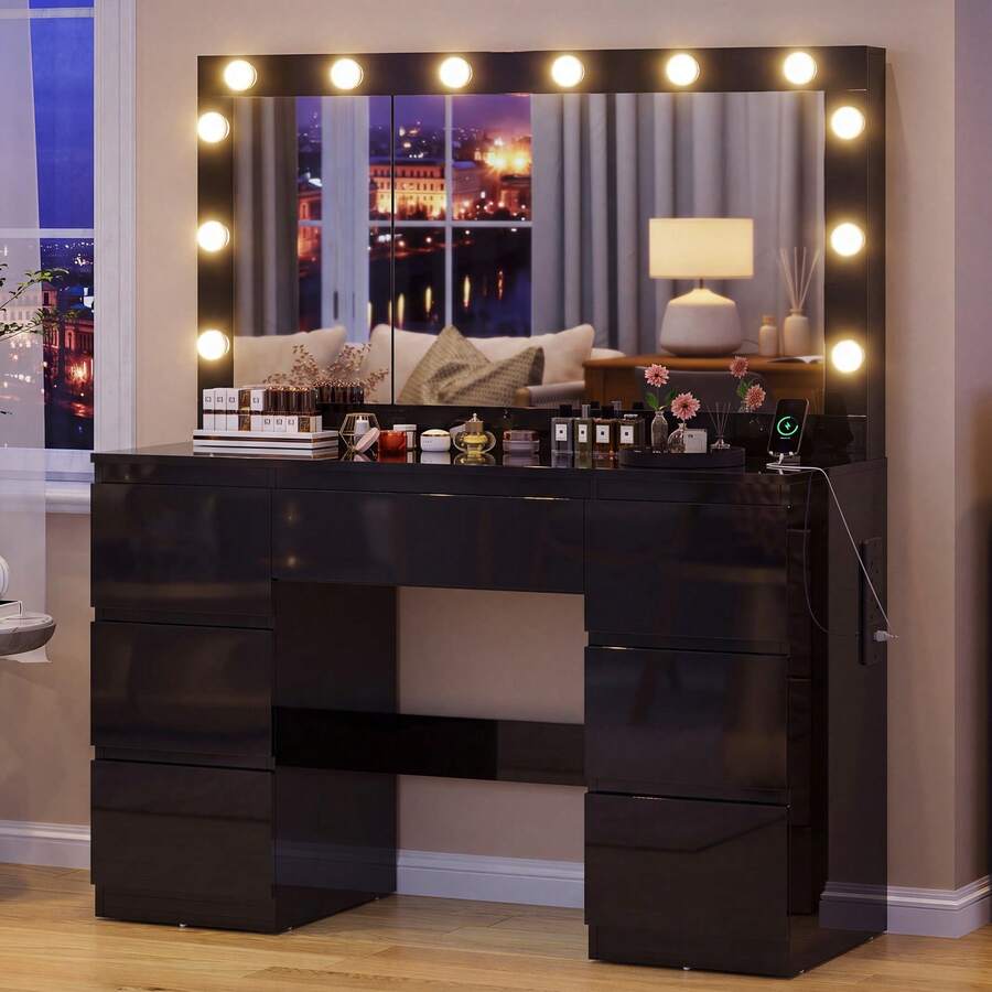 Devoko Dressing Table In Matte White With LED Cosmetic Mirror, Vanity Table Without Stool With 12 LED Lamps, Power Outlets, USB & Type-C, Jewelry Storage And 7 Drawers - 黑色亮面 - 查看 1