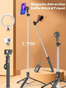 最新合金 170cm/69cm 遙控藍牙自拍棒手機支架，附 LED 補光燈，適用影片錄製、生活與旅行紀錄，可攜式三腳架手持/地面自拍棒，伸縮式、360°可旋轉、防震可折疊，情人節情侶拍照工具 - 彩色 - 查看 2