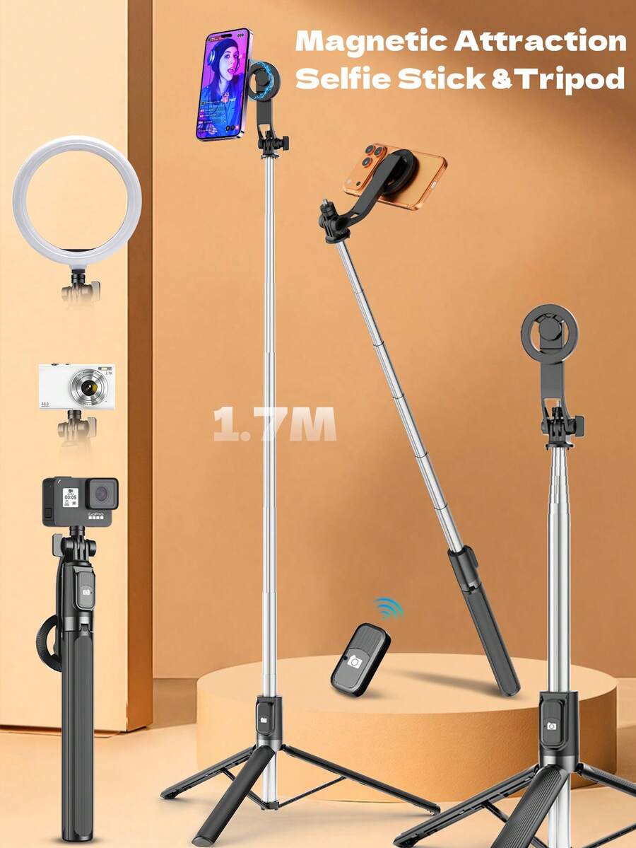 最新合金 170cm/69cm 遙控藍牙自拍棒手機支架，附 LED 補光燈，適用影片錄製、生活與旅行紀錄，可攜式三腳架手持/地面自拍棒，伸縮式、360°可旋轉、防震可折疊，情人節情侶拍照工具