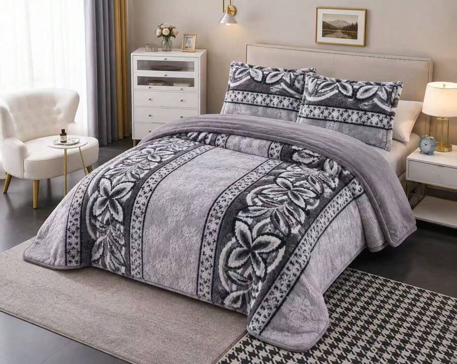 Edredón Grueso de Otoño e Invierno con Fundas de Almohada, Tejido de Felpa con Acabado Aterciopelado y Reverso de Franela, Cálido y Acogedor para Dormitorio - Gris Claro - Ver 1