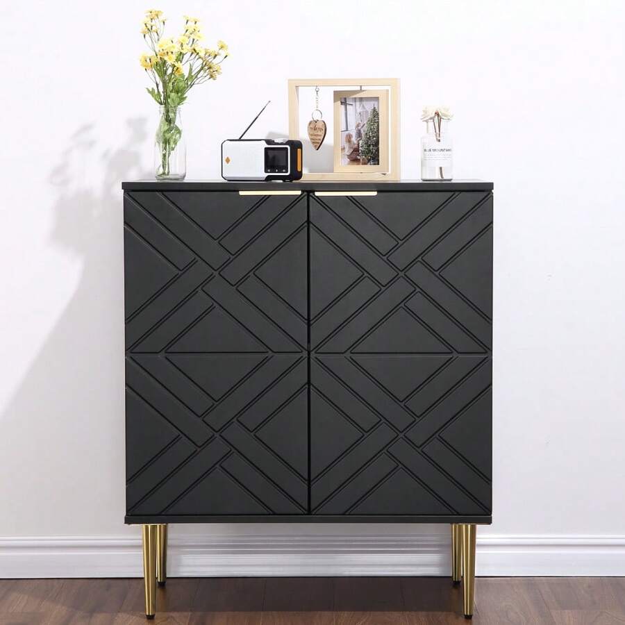 Modern Sideboard Buffet Cabinet – Black & White Storage With Adjustable Shelves, 2 Embossed Doors, Gold Metal Legs, Multipurpose For Dining, Kitchen, Living Room - Black - View 1