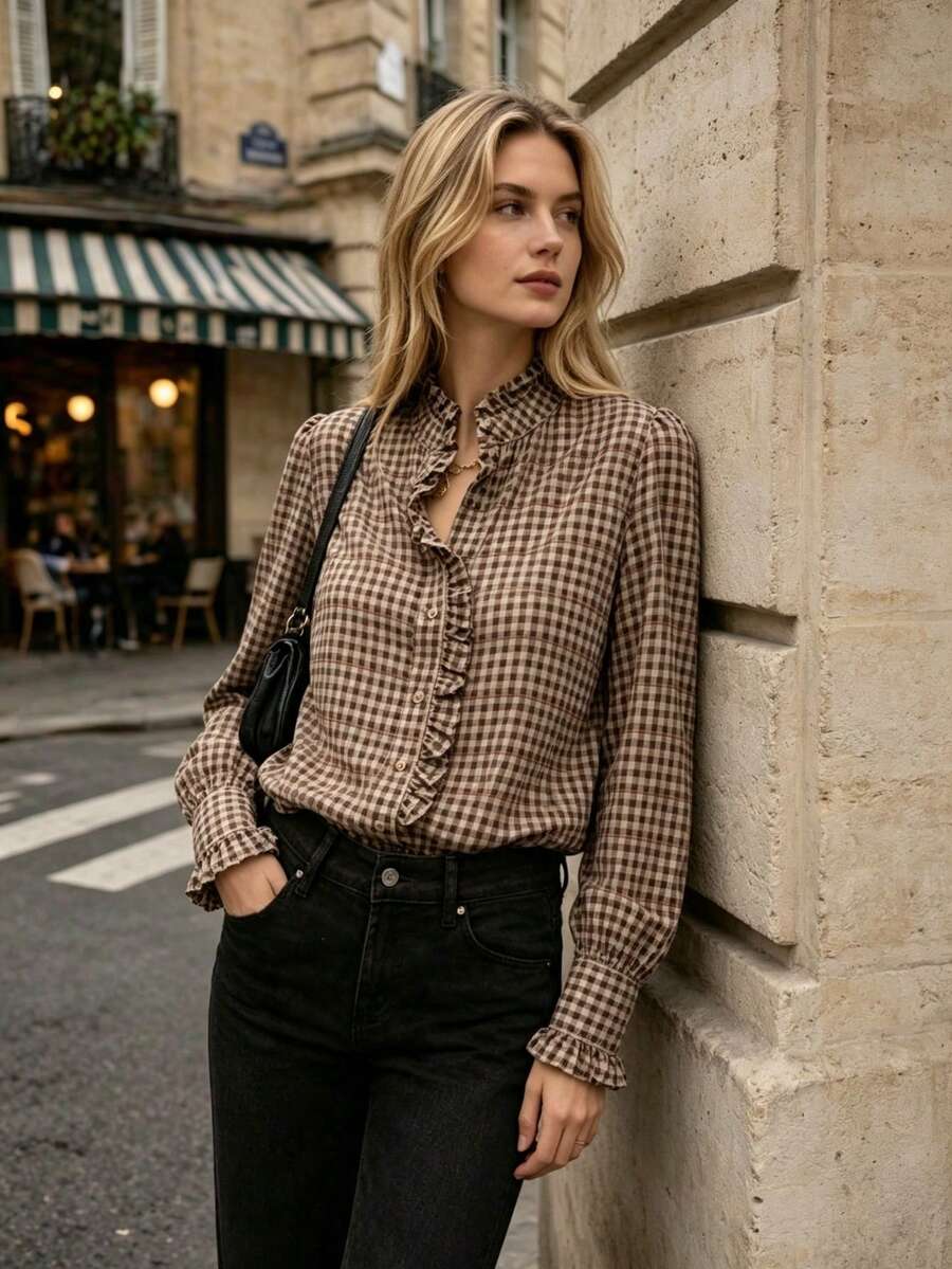 Women's New Bestselling Comfortable Casual Retro Brown Plaid Ruffle Hem Shirt - Vintage Plaid Long Sleeve Blouse With Ruffle Hem | Suitable For Home, Daily Wear And Office Commute Vacation Spring