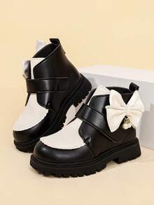 1 Pair Girls' Ankle Boots, Black And White Color Block, Scalloped Edge Stitching, White Bow With Pearl Pendant, Wide Hook And Loop Strap, Thick Textured Sole, Children's Boots, Suitable For Autumn/Winter, Daily, School, Party, Holiday Performance - Black and White - View 8