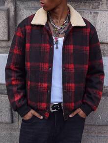 MAISONFOX 男士格紋單排扣長袖大衣，休閒翻領保暖內裡夾克，適合秋冬穿著 - 紅色 - 查看 6