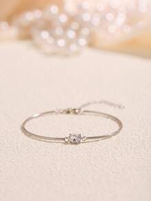 Women's Oval Zirconia Curved Tube Bracelet - Silver - View 4