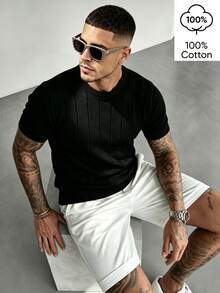 WAIT HIM 100% Cotton Men's Casual Spring/Summer Solid Color Knit Short Sleeve Top - Black - View 3