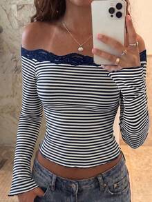 French Minimalist Sexy Style Striped Off-Shoulder Top For Women, Lace Trim Fitted Long Sleeve T-Shirt - Blue and White - View 2