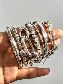 7pcs Vintage Fashion Punk Style Hammered Geometric Chain Silver Bracelet Set, Suitable For Women's Daily Wear, Party, Beach, Vacation, Wedding, Layering, Gift - Silver - View 5