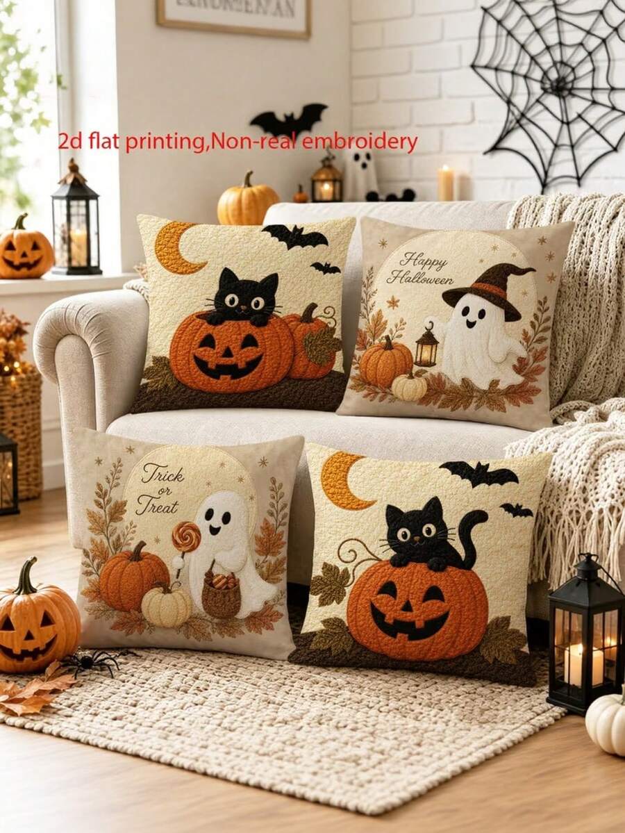 4pcs Cat & Throw Pillow Covers Suitable For Halloween Country Rustic Decor, Non-Embroidery Retro Cushion Covers With Zipper Closure, Fall Pillowcases For Sofa Bed Living Room Car, 17.7x17.7in, No Inserts, 2D Flat - Apricot - View 1