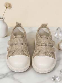 New Unisex Toddler Literary Style Casual Shoes, Comfortable Linen Fabric Colorblock Toe Design, Double Hook And Loop Closure, Lightweight Breathable Woven Material, Non-Slip Textured Sole, Simple Fresh Design, Suitable For Daily Wear, Outdoor Walking, Low-Top Casual Shoes - Khaki - View 5