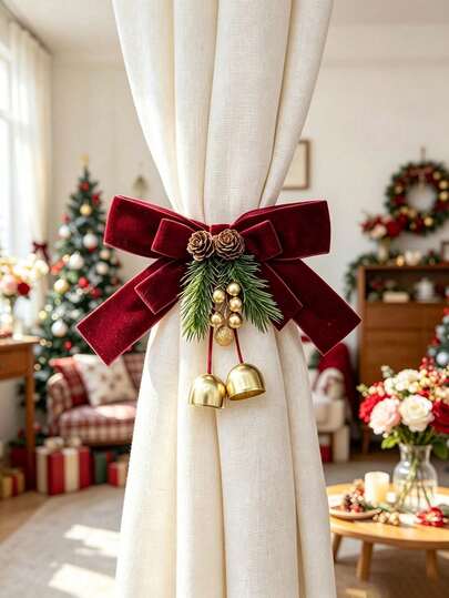 1 pieza/2 piezas Sujetador de cortina rojo navideño, decoración de sujetador de cortina, lazo rojo, piña, campana dorada, adecuado para sala de estar, cocina, estudio, hotel, banquete, decoración del hogar