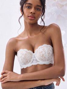 1pc Strapless Push-Up Lace Thickened Convertible Multi-Way Underwire Bra, Can Increase 1 Cup Size, Multiple Wearing Styles - Apricot - View 10