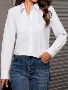 Women's Classic White Long Sleeve Shirt, Cotton Fabric, Regular Fit, Shirt Collar Design, Suitable For Daily Wear And Work - White - View 3