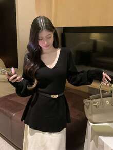 Slimming V-Neck Knitted Sweater, Autumn/Winter Base Layer Top - Black - View 2