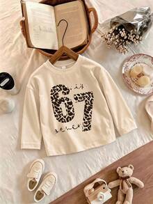 This 2 Pieces Set For Older Girls And Teenagers Includes An Apricot Long-Sleeve Top And A Pair Of All-Over Polka Dot Flared Pants; Featuring A Creative Design With Leopard Print Letter 67 Pattern, The Overall Style Is Simple And Casual - Apricot - View 5