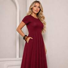 Vestido Longo Feminino Manga Curta com Cinto e Bolso - Marsala - Visão 4