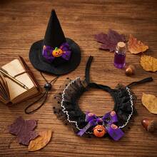 1 Set Halloween Pet Bandana Hat Set, With Bell Collar Triangular Scarf, Suitable For Cats And Dogs, Cute Witch Hat And Drooling Scarf, Adjustable Neck Decor, Holiday Party Photo Props, Pet Clothing Accessories, Cat And Dog Supplies, Pet Supplies - Multicolor - View 5