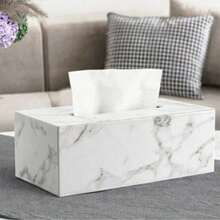 White Marble Pattern PU Leather Tissue Box, White Stitching Napkin Holder - White Marble - View 2