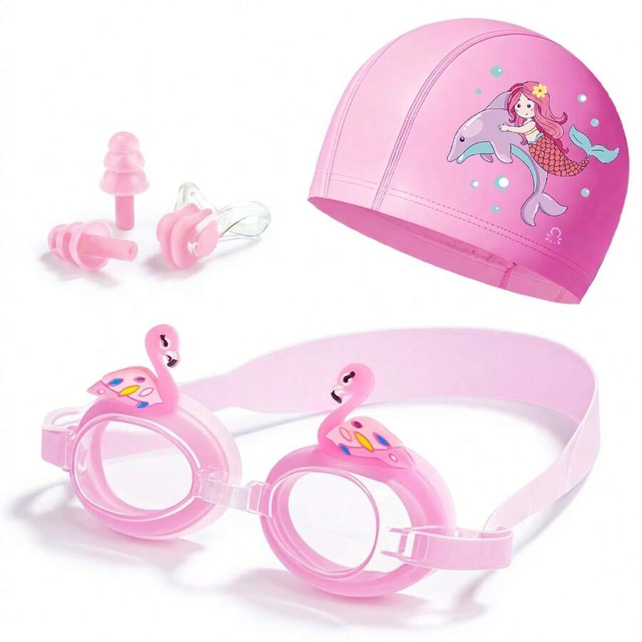 Cute Animal Theme Beach Swimming Goggles, PU Swim Cap, Nose Clip And Ear Plugs, Suitable For Boys, Girls And Children, Multiple Cute Styles - Multicolor - View 1