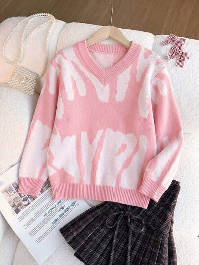 Teen Girls Pink & White Colorblock Letter V-Neck Sweater, Loose Soft Knit Pullover Top, Versatile Layering Piece For Spring & Autumn