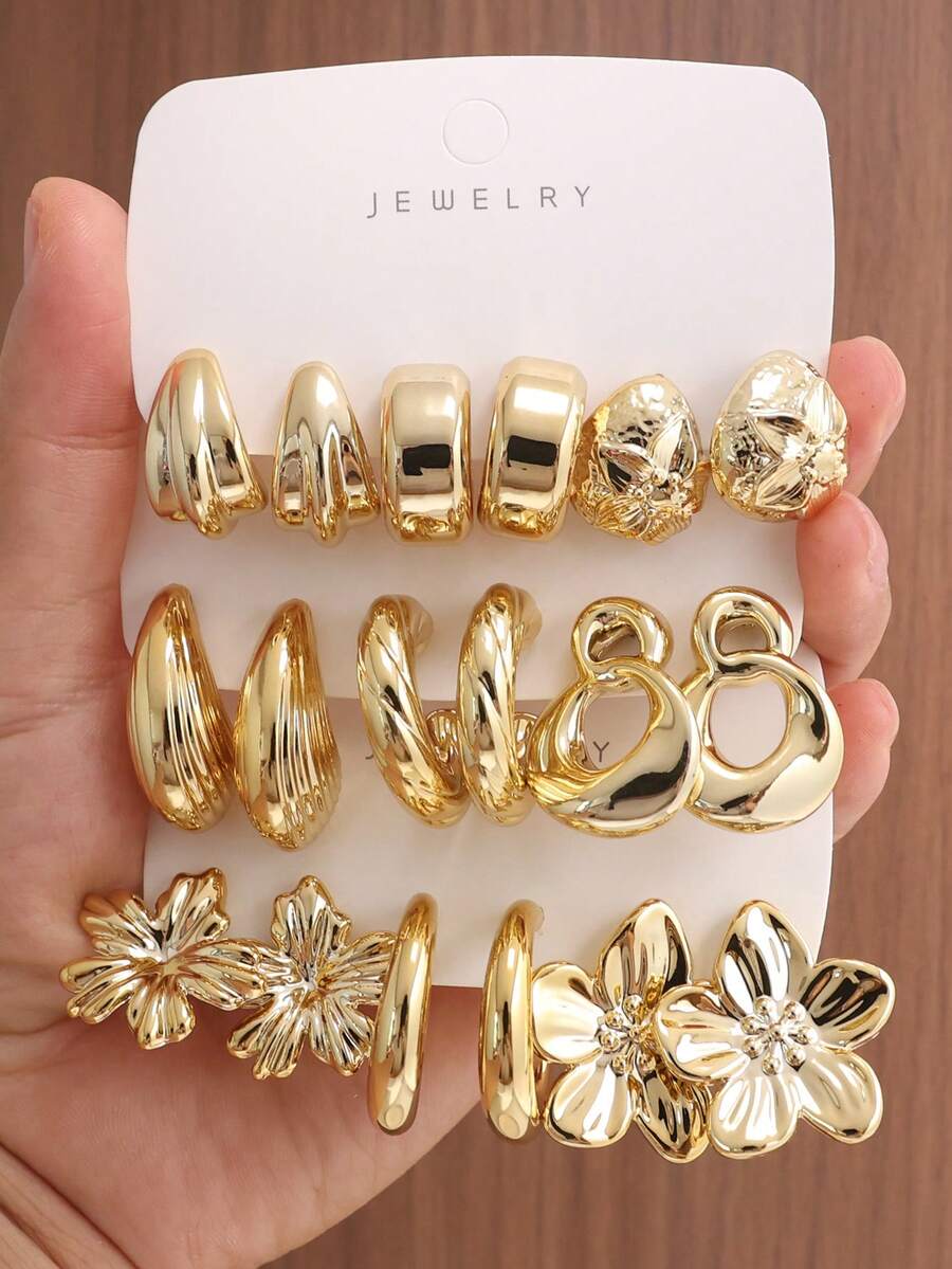 6/18PCS Fashionable Elegant Floral Geometric Textured Metallic Earring Set Suitable For Party, Banquet, Travel, Wedding, Vacation, Daily Wear Jewelry Gift (Lightweight ABS Material, Non-Fading) - Gold - View 1