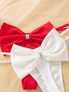 3pcs/Pack Sweet & Spicy Style Bowknot Waffle Texture Women's Thong Panties, Thin Strap Low Waist Soft Comfortable Outfit - Multicolor - View 4