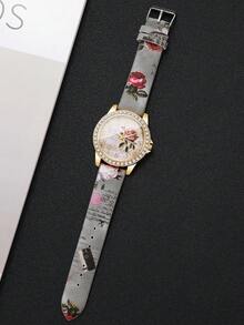 Vintage Style Women's Wristwatch With Rhinestone Case, Rose Dial, Floral Print PU Leather Strap, Quartz Watch, Gift For Girlfriend (1pc/Set) Watch Box Not Included, Note: The Print Position On The Strap Is Random And Cannot Be Consistent! - Grey - View 8