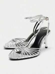 2026 Spring/Summer New Women's Gold Metallic Bow Decor Stiletto High Heel Sandals - Silver - View 5