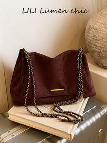 Metal Long Bar Matte Medium Capacity Flip Cover Vintage Maillard Style Chain Crossbody Bag For Women, Shopping, Dating, Commuting, INS Shoulder Underarm Bag - Coffee - View 1