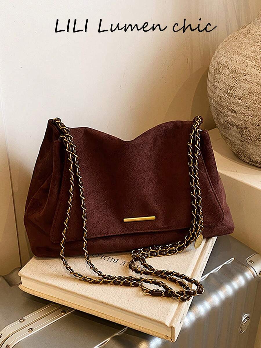Metal Long Bar Matte Medium Capacity Flip Cover Vintage Maillard Style Chain Crossbody Bag For Women, Shopping, Dating, Commuting, INS Shoulder Underarm Bag - Coffee - View 1