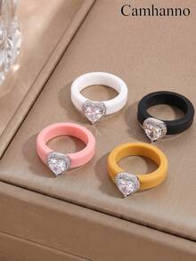1pc Pink Soft Silicone Ring With Heart Halo Zirconia Accessories, Skin Friendly And Wear‑Resistant, Versatile Ring For Daily Atmos - Silver - View 1
