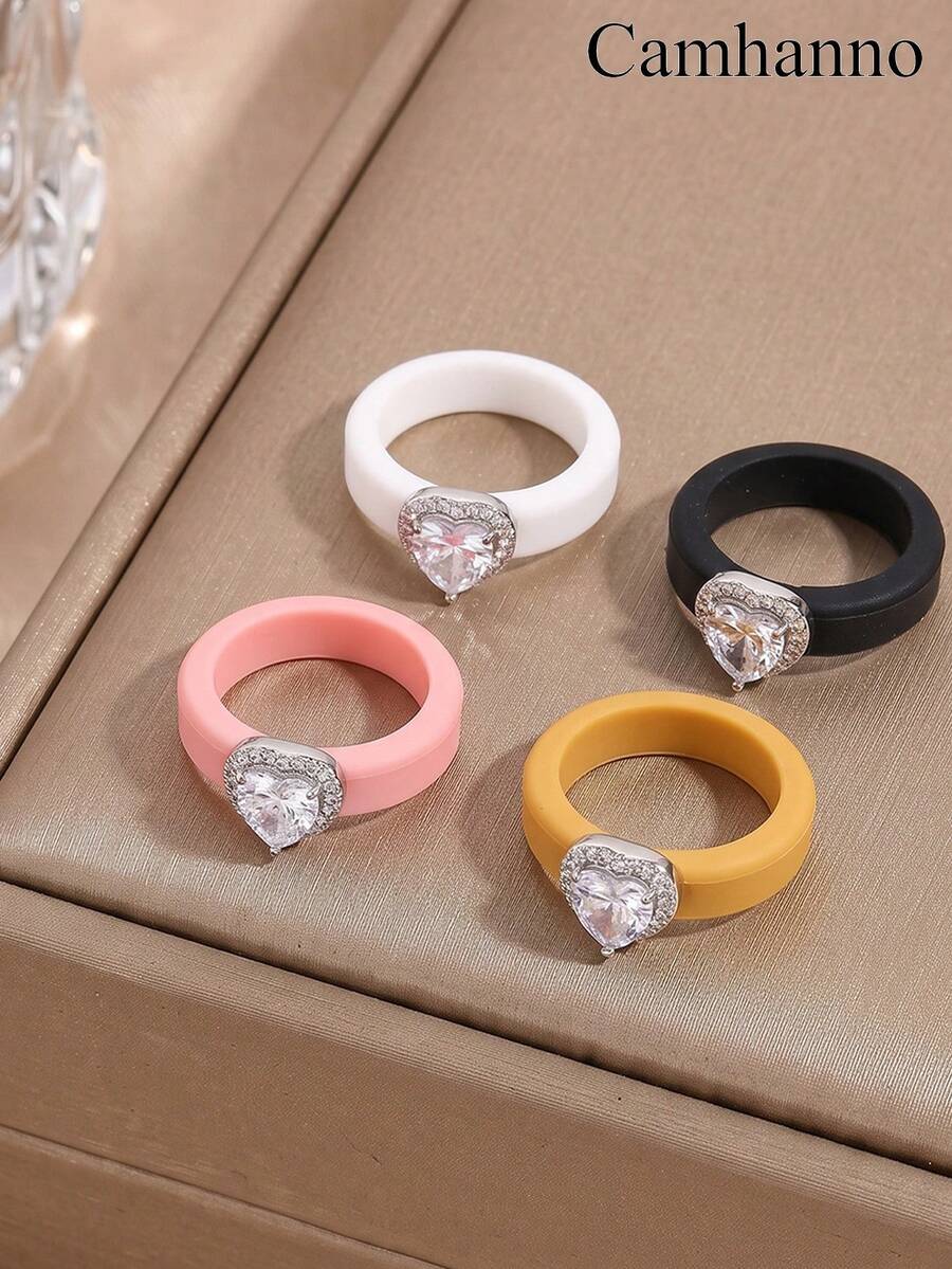 1pc Pink Soft Silicone Ring With Heart Halo Zirconia Accessories, Skin Friendly And Wear‑Resistant, Versatile Ring For Daily Atmos - Silver - View 1