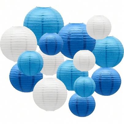 14pcs/Set Blue Paper Lanterns, Round Hanging Decorative Lanterns, Includes 7 Lanterns + 7 Hooks, Party Wedding Birthday Graduation Decoration, Indoor/Outdoor Universal Hanging Decor, Outdoor Lighting Lantern, Outdoor Lantern, Hanging Lamp