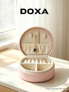 DOXA Mini Portable Leather Jewelry Box With Handle, Travel Ring Necklace Earrings Storage Organizing Box - Pink - View 3