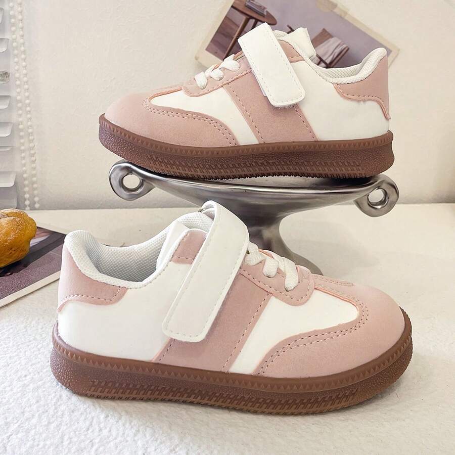 Children's Retro Training Shoes, Girls' Hook & Loop Casual Sneakers, Colorblock Minimalist Sports Shoes - Pink - View 1