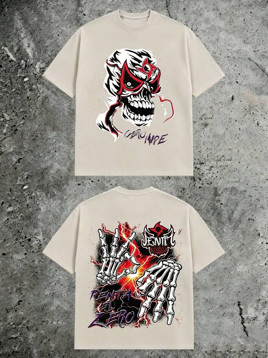Double‑Sided Gothic Grunge Graphic Tee, Luchador Mask Skull Skeleton Hands Lightning, 180g Pure Cotton Oversized Short Sleeve Top For Men - 杏色2 - 查看 1