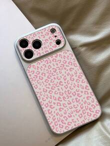 1pc Pink & White Leopard Print Anti-Drop Leather Texture Integrated Camera Frame Full Coverage Phone Case, Suitable For 11/12/13/14/15/16/17/18, Sweet & Cool Girl Style Protective Cover - Silver - View 3