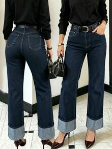 Women's High Waist Straight Leg Jeans, Dark Blue Cuffed Hem Denim Pants, Slim Fit Commuting Casual Versatile Style Fall - Dark Wash - View 2