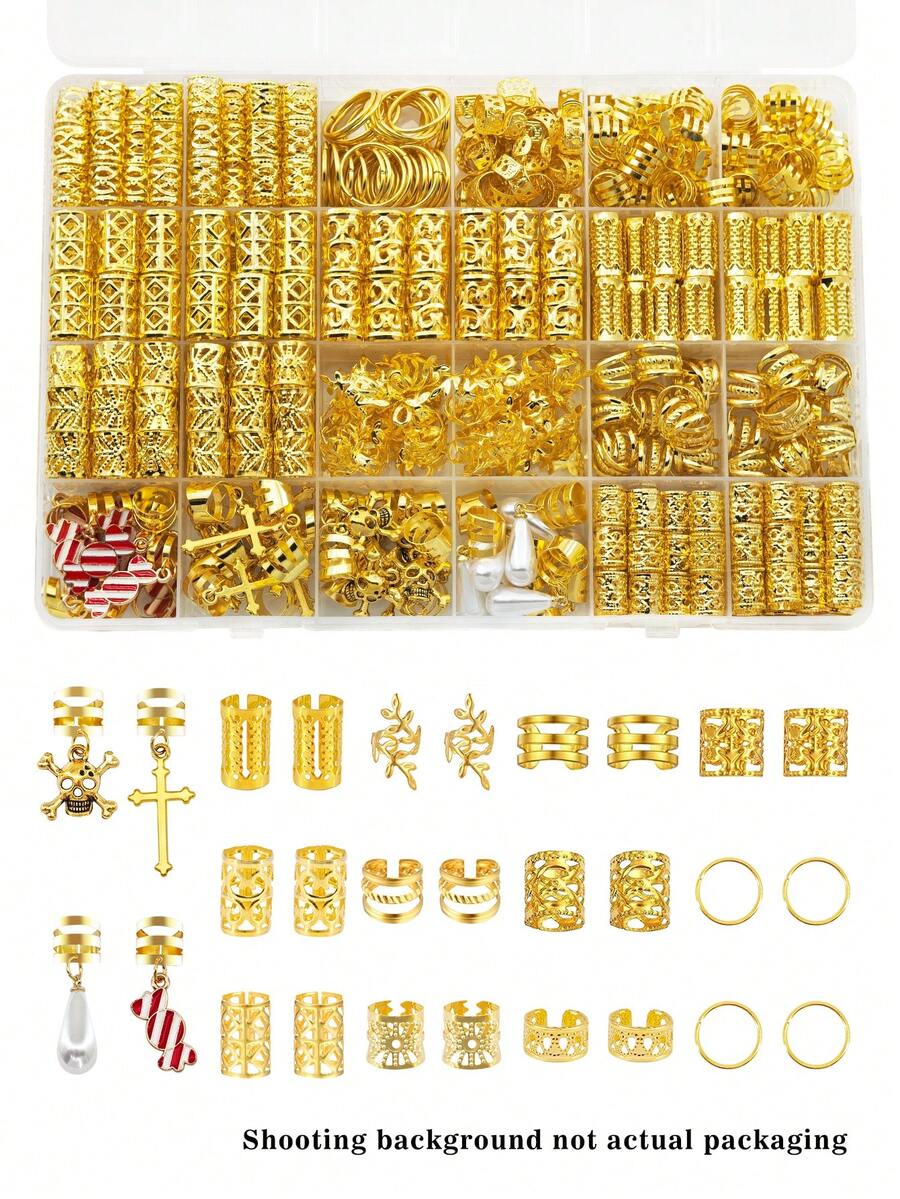 224件金色十字架與骷髏裝飾髮環配紅色糖果，辮髮珠飾夾髮飾，適用於辮髮的髮飾珠寶，萬聖節派對用