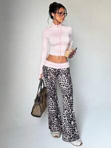Women 2 Pieces Tracksuit,Zip Up Long Sleeve Crop Jacket & Fold Waist Leopard Flared Pants,Soft Knit For Spring,Athleisure,Gym - Pink - View 7
