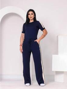 Women's Basic Pants And Blouse Set With Stripes On The Side - Azul Marino - Ver 6