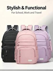 Men's Versatile Solid Color Casual Backpack, Stylish Large Capacity College Style Waterproof And Durable High School Student Bag - Multicolor - View 10