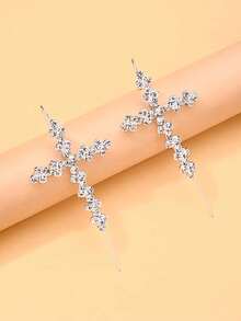 FAAABULS 1 Pair Women's Silver Rhinestone Cross Ear Cuffs, Sparkling Crystal Cross Ear Clips, Elegant Personalized Earrings, Suitable For Party, Wedding And Daily Wear - Silver - View 7