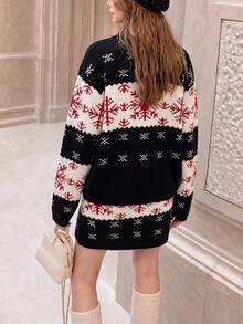 Women's Holiday Snowflake Pattern Cardigan Sweater And Mini Skirt Set, Warm Winter Christmas Knit Set With Buttons - Black - View 2