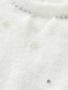 2pcs Set 1pc Girls Elegant Solid Color Beaded & Rhinestone Round Neck Raglan Sleeve Knit Pullover Sweater And 1pc Girls Solid Color Knit Long Pants, Suitable For School, Daily Casual, Spring, Autumn, Winter - White - View 4