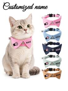 Personalized Cat Collar With Custom Name & Paw Print - Suitable For Daily Wear, Photo Props, Bell & Buckle, Lightweight Comfortable Bow Tie For Tags, Name Plates, For & Outings - Multicolor - View 3