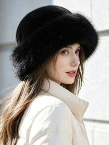 1pc Women's Thick Fleece Bucket Hat, Warm Fur-Trimmed Bucket Hat, Soft Face-Flattering Ear-Protective Cold-Proof Hat, Windproof Snow Travel Bucket Hat, Versatile Winter Fuzzy Hat To Match Down Jacket - P-mRM - View 4