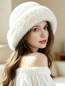 1pc Women's Thick Fleece Bucket Hat, Warm Fur-Trimmed Bucket Hat, Soft Face-Flattering Ear-Protective Cold-Proof Hat, Windproof Snow Travel Bucket Hat, Versatile Winter Fuzzy Hat To Match Down Jacket - P-mRM - View 7