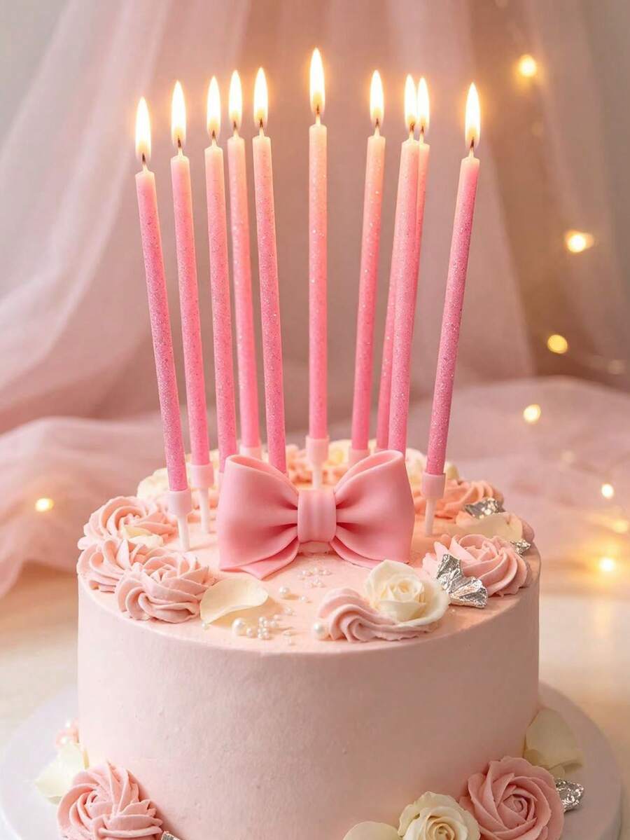 6 件粉色彩色五彩纸屑长棒直蜡生日派对蛋糕装饰蜡烛 - 粉色 - 查看 1